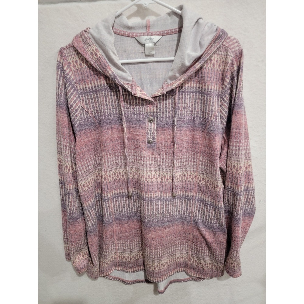 CJ Banks 1X Hoodie Pullover Southwestern Aztec Print Mauve Henley Long Sleeve